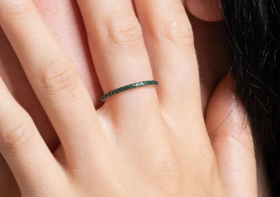 Skinny Sterling Silver Band Ring For Women with Green Cubic Stones