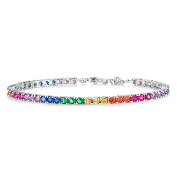 925 Sterling Silver Rainbow Tennis Bracelet with 3mm Multicolored Cubic Zirconia