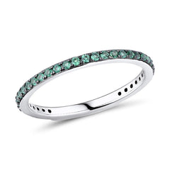 Skinny Sterling Silver Band Ring For Women with Green Cubic Stones