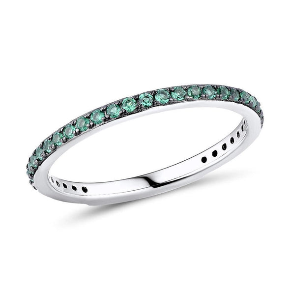 Skinny Sterling Silver Band Ring For Women with Green Cubic Stones